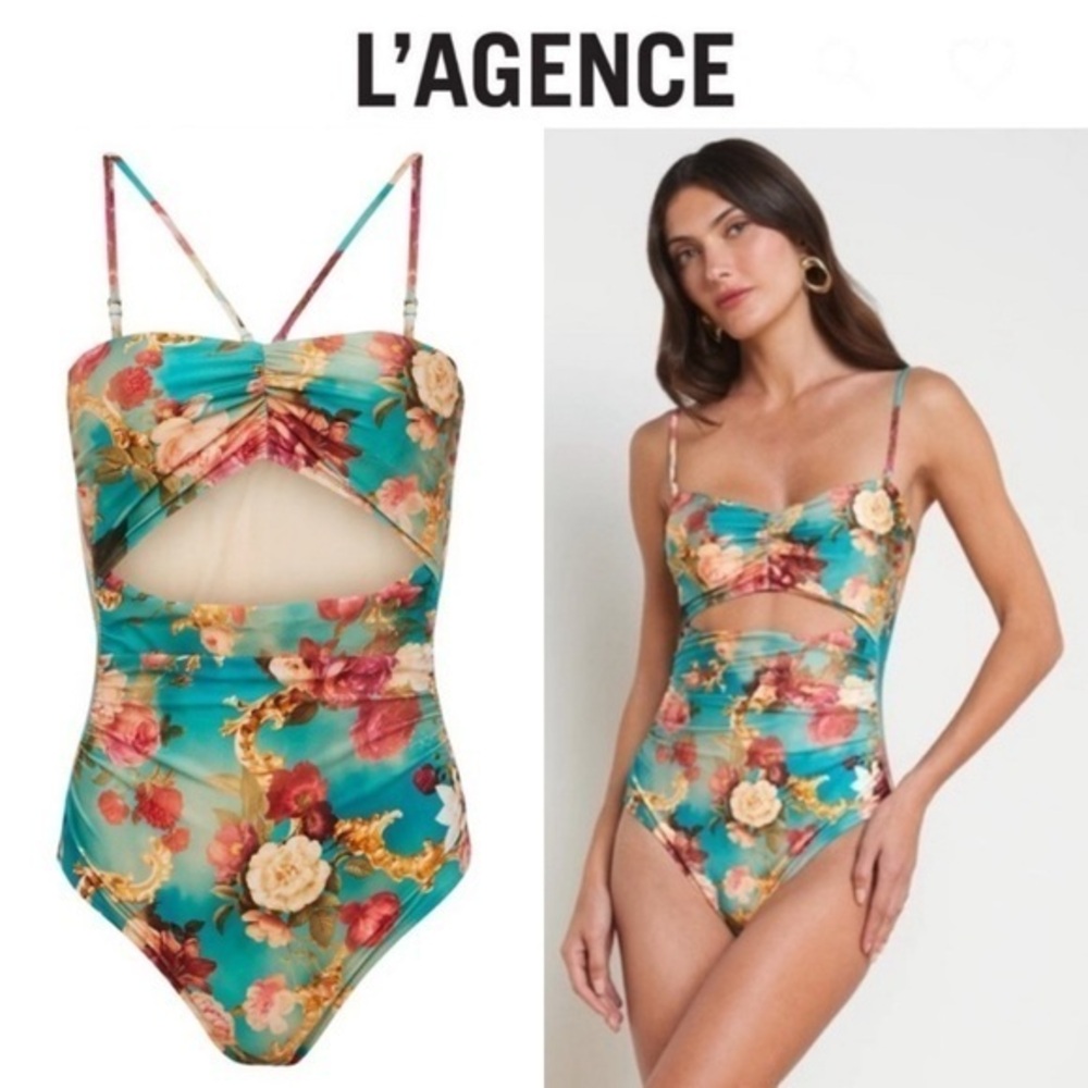 NWOT L’AGENCE Blue Floral Lily One Piece Bathing Suit Rococo Rose Sz M NWT